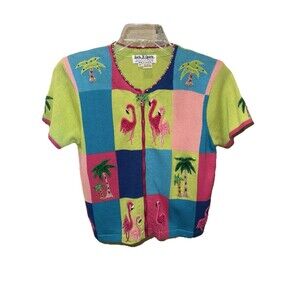 Jack B Quick Zip Up Cardigan Sweater Blue Green Pink Flamingo Palm Trees Petite